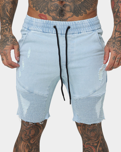 Saint Morta United Distressed Biker Shorts Light Blue