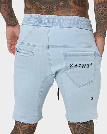 Saint Morta United Distressed Biker Shorts Light Blue