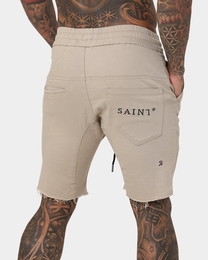 Saint Morta United Distressed Biker Shorts Stone
