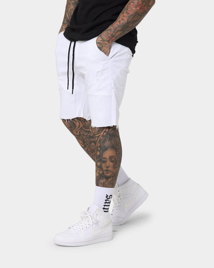 Saint Morta United Distressed Biker Shorts White