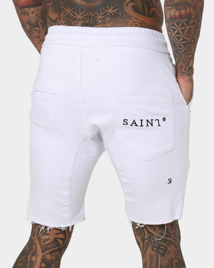 Saint Morta United Distressed Biker Shorts White