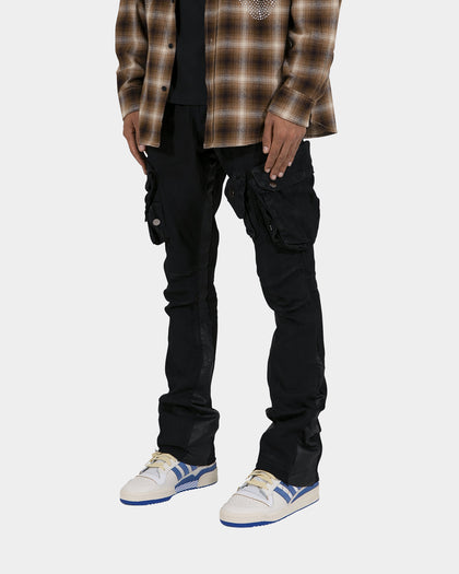 MNML B357 Waxed Cargo Flare Denim Jeans Black