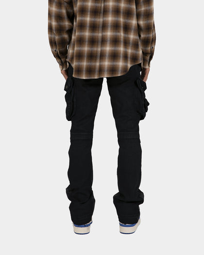 MNML B357 Waxed Cargo Flare Denim Jeans Black