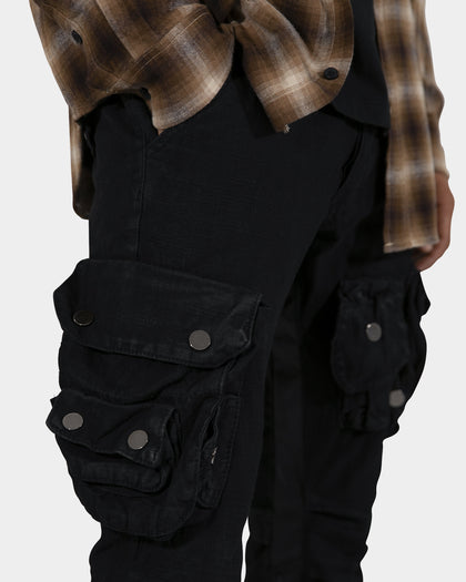 MNML B357 Waxed Cargo Flare Denim Jeans Black