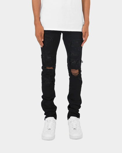 MNML X201 Rhinestone Stretch Denim Jeans Black