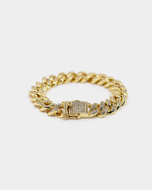 Saint Morta 12mm Diamond Cuban Link Bracelet Gold Plated