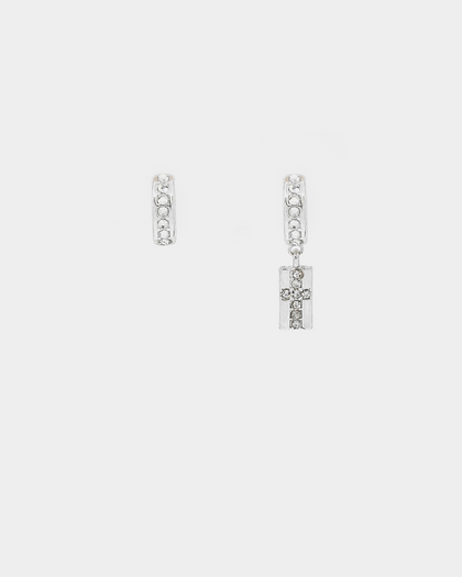 Wild For The Weekend Cross Crystal Hoop and Drop Earrings Silver/White