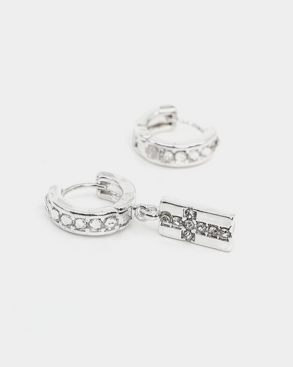 Wild For The Weekend Cross Crystal Hoop and Drop Earrings Silver/White