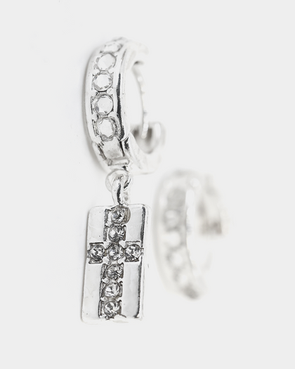 Wild For The Weekend Cross Crystal Hoop and Drop Earrings Silver/White