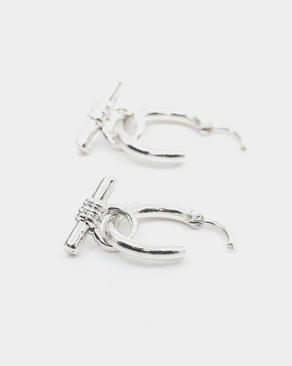 Wild For The Weekend Wildcats T-Bar Drop Hoop Earrings Silver