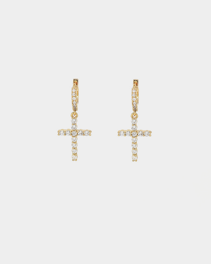 Raising Hell Iced Cross Huggie Earrings Iced Gold