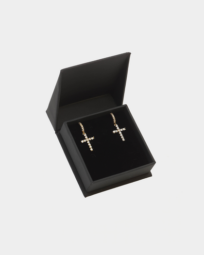 Raising Hell Iced Cross Huggie Earrings Iced Gold