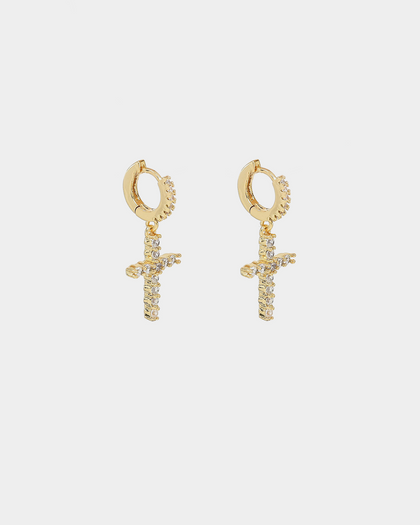 Raising Hell Iced Cross Huggie Earrings Iced Gold
