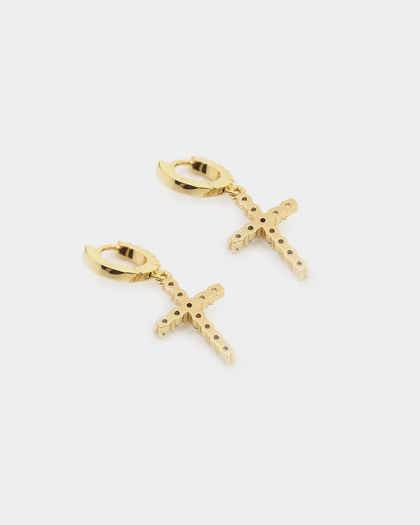 Raising Hell Iced Cross Huggie Earrings Iced Gold