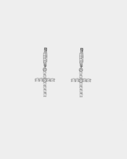 Raising Hell Iced Cross Huggie Earrings Iced White Gold