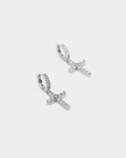 Raising Hell Iced Cross Huggie Earrings Iced White Gold