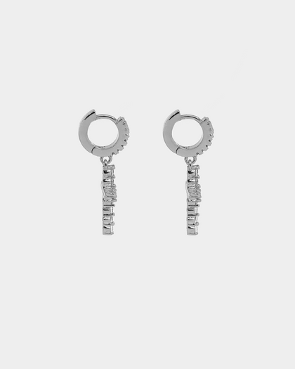 Raising Hell Iced Cross Huggie Earrings Iced White Gold