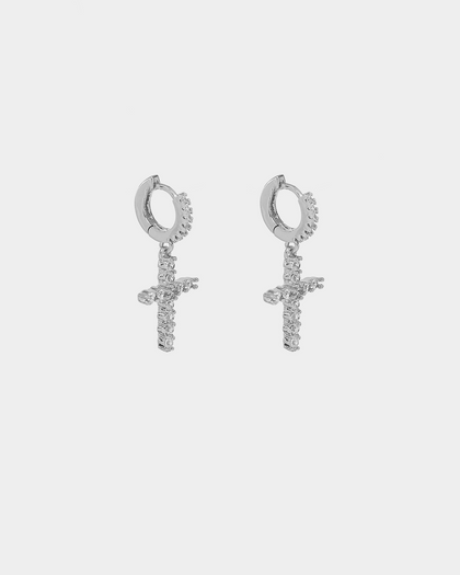 Raising Hell Iced Cross Huggie Earrings Iced White Gold