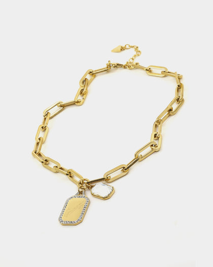 Guess Mainline Women's Single Chain Tag 15-17" Choker Necklace Gold