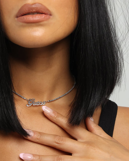 Guess Mainline Women's Lettering 16-18" Choker Necklace Silver