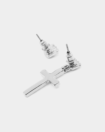 Wild For The Weekend Heaven Sent Crown Cross Earrings Silver
