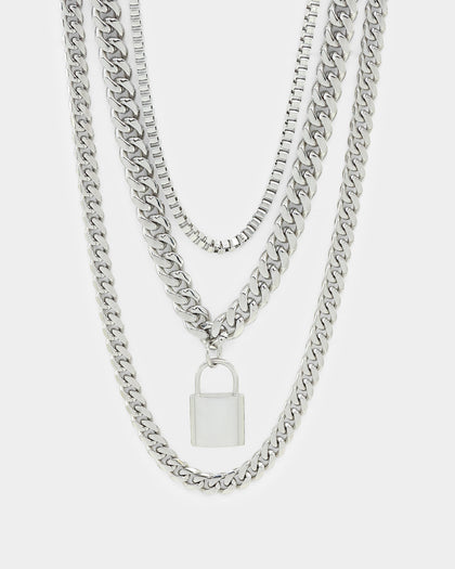 Loiter Padlock Triple Chains Necklace Pack Silver