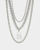 Loiter Padlock Triple Chains Necklace Pack Silver