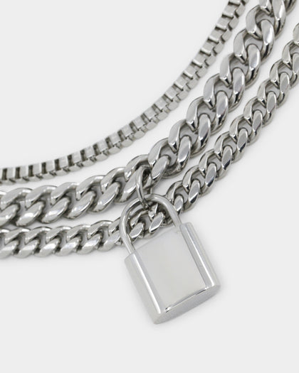 Loiter Padlock Triple Chains Necklace Pack Silver