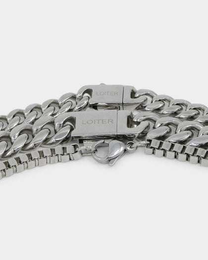 Loiter Padlock Triple Chains Necklace Pack Silver