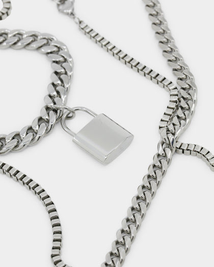 Loiter Padlock Triple Chains Necklace Pack Silver