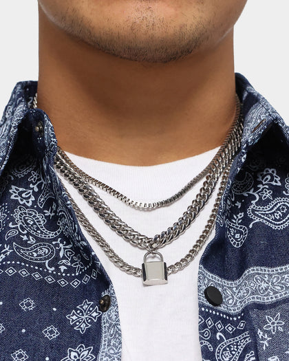 Loiter Padlock Triple Chains Necklace Pack Silver