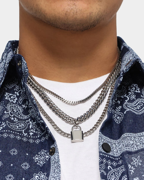 Loiter Padlock Triple Chains Necklace Pack Silver