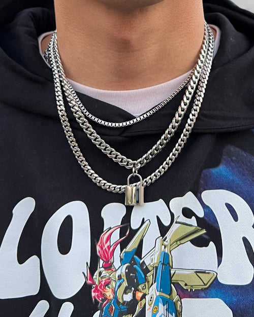 Loiter Padlock Triple Chains Necklace Pack Silver