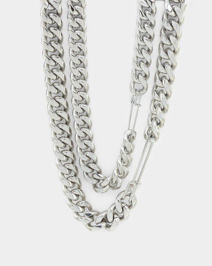 Loiter Safety Pin Double Chain Necklace Pack Silver