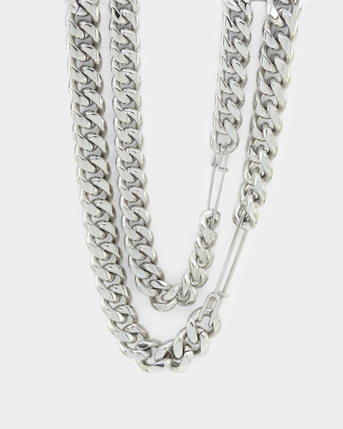 Loiter Safety Pin Double Chain Necklace Pack Silver