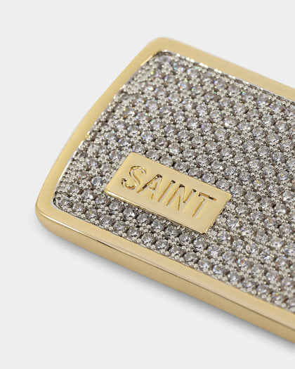 Saint Morta Edged Dog Tag Pendant Iced Gold