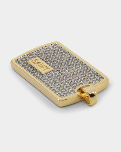 Saint Morta Edged Dog Tag Pendant Iced Gold