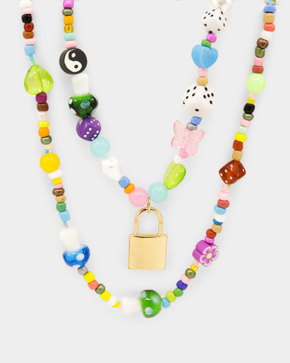 Raising Hell Women's Statement Bead Double Chain Necklace Multi-Coloured