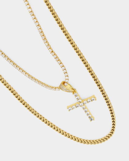 NXS Double Cross Chain Iced Gold