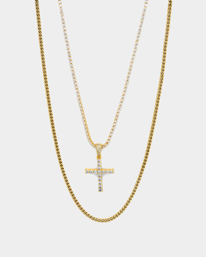 NXS Double Cross Chain Iced Gold