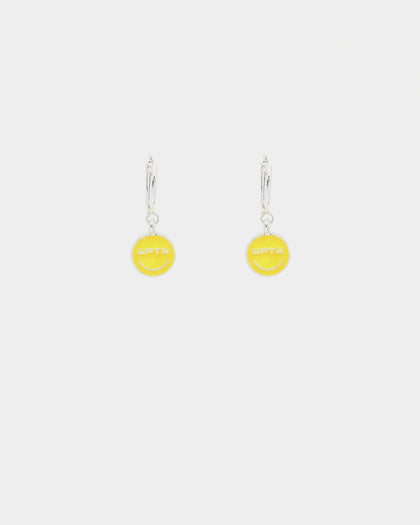 Wild For The Weekend Smiley Drop Hoop Earrings Silver
