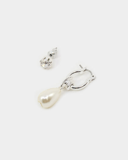 Wild For The Weekend Pearl And Crystal Earrings Set Silver