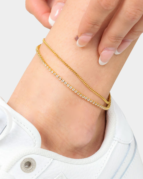 Raising Hell Women's Cuban Tennis Duo Anklet Iced Gold