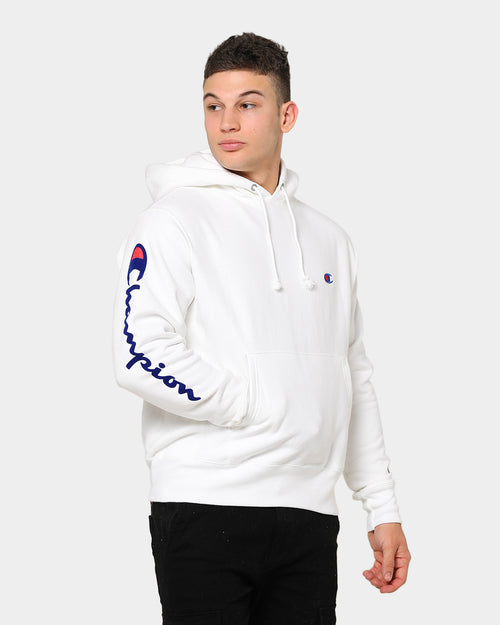Champion Men's Rev Weave OS Flock Script Hoodie White