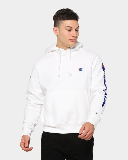 Champion Men's Rev Weave OS Flock Script Hoodie White