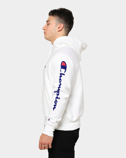 Champion Men's Rev Weave OS Flock Script Hoodie White