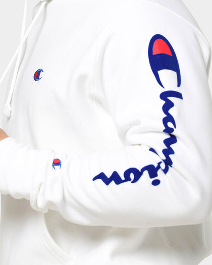 Champion Men's Rev Weave OS Flock Script Hoodie White