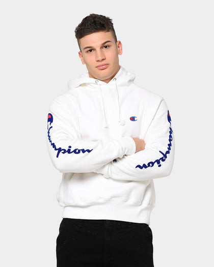 Champion Men's Rev Weave OS Flock Script Hoodie White