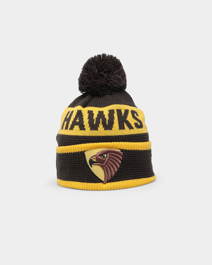 New Era Hawthorn Hawks AFL Opening Bounce 2022 Pom Waffle Wordmark Beanie Brown