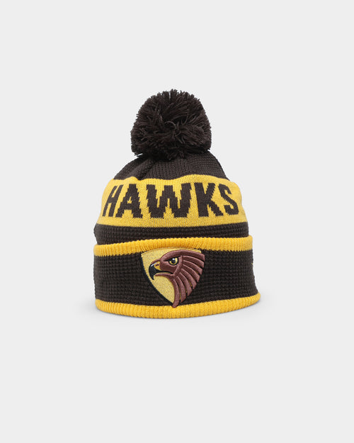 New Era Hawthorn Hawks AFL Opening Bounce 2022 Pom Waffle Wordmark Beanie Brown